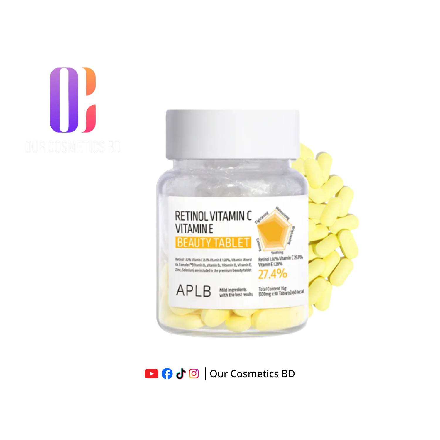 APLB Retinol Vitamin C Vitamin E Beauty Tablet 500mg x 30 Tablets