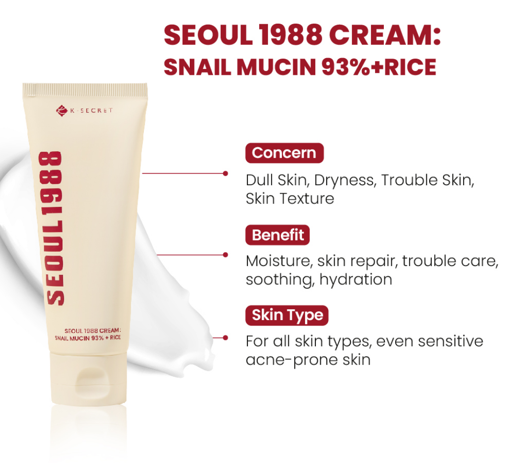 K-SECRET SEOUL 1988 Cream : Snail Mucin 93% + Rice 100ml