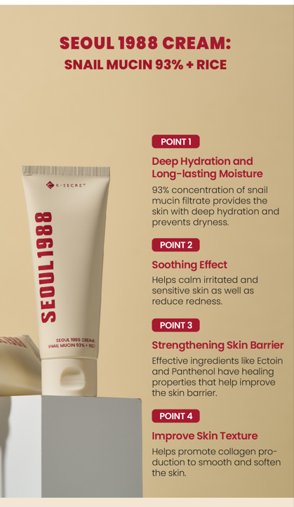 K-SECRET SEOUL 1988 Cream : Snail Mucin 93% + Rice 100ml